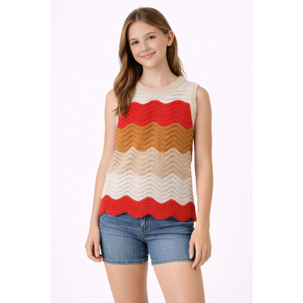 Girl’s Sleeveless Knit Sweater with Wavy Stripes – Approx. Size 11 Years – NWOT